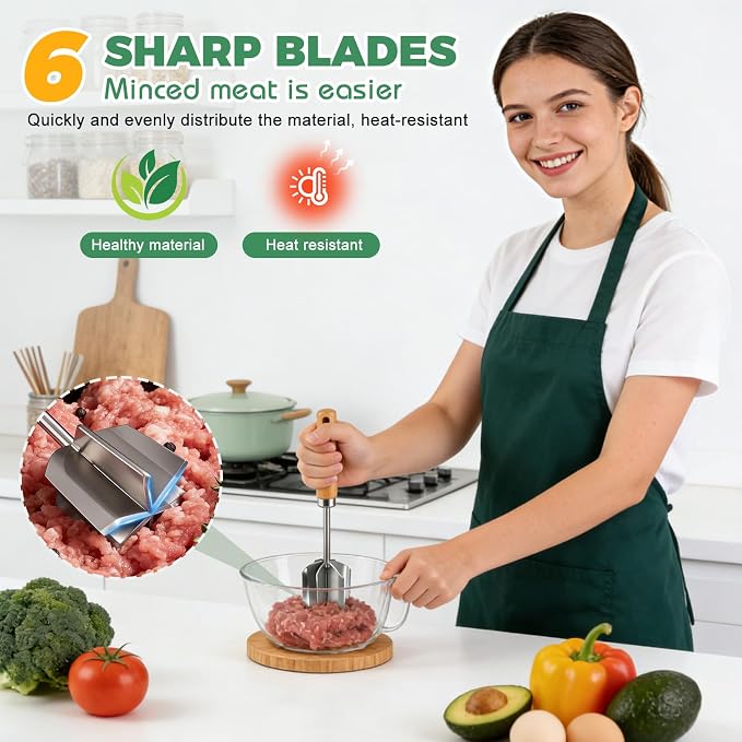 304 Stainless Steel Meat Chopper & Masher - Heavy Duty 6 Curve Blades Ground Beef Chopper Tool Potato Masher Hamburger Smasher Tool