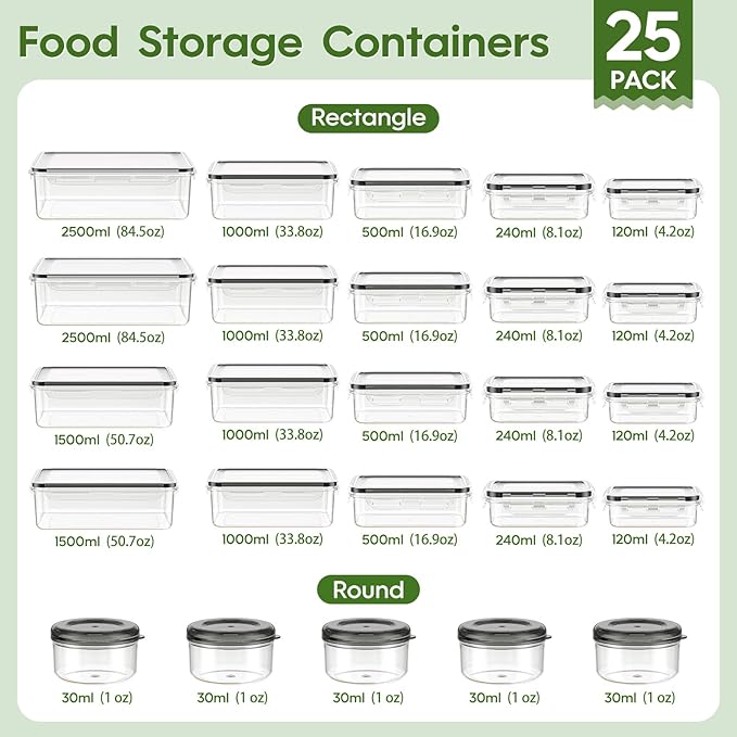 KEMETHY 50-Piece Food Storage Containers with Lids(25 Containers & 25 Lids), Plastic Food Containers for Pantry & Kitchen Storage and Organization, BPA-Free, Leak Proof, Reusable with Labels & Pen