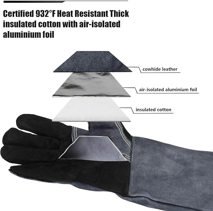 OZERO Welding Gloves, 16 Inch, EN407 Heat Resistant to 932°F, Black-Gray | 1.2 mm Split Leather, Aluminum Heat Shield, Aramid Stitching, Long Cuff, MIG/TIG/Stick welding, Fireplace Fire Pit and BBQ