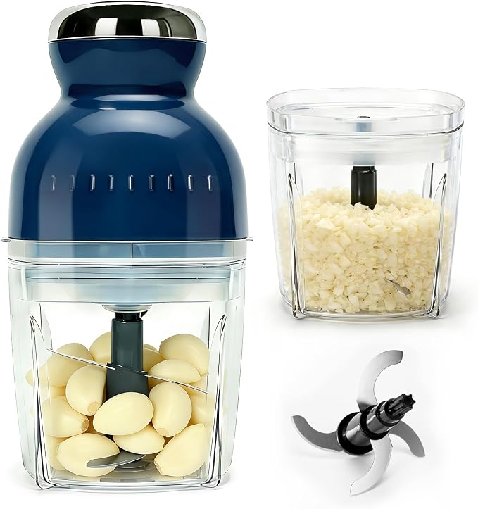 Brigii Electric Garlic Mincer & Onion Chopper, 17oz Mini Food Processor | 250W motor, one-touch control, stainless steel S-blades, chops, minces, grinds, whisks