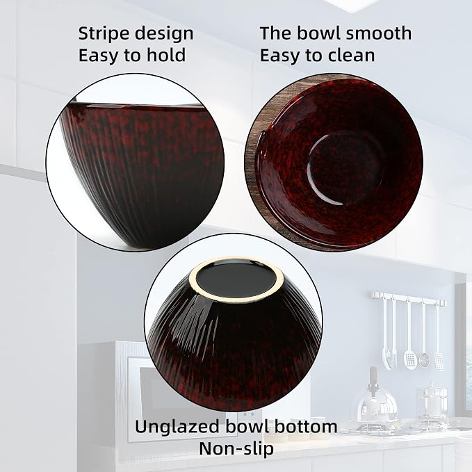Ramen Bowl Set with Chopsticks and Spoons, Ceramic Noodle Bowl Set of 2, Donburi Bowl, Dishwasher Safe for Pho Udon Soba Noodle Salad Pasta, Special Reactive Glazed Crimson Bowls Set