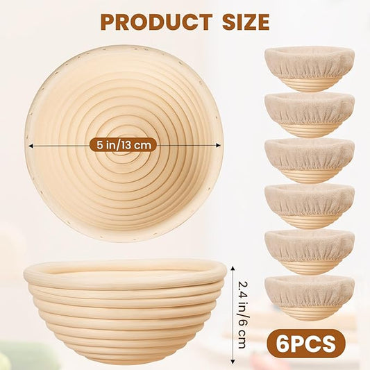 5 Inch Banneton Bread Proofing Basket Set of 6, Kikcoin Mini Sourdough Bread Baking Supplies, Small Banneton Basket Proofing Baskets for Sourdough Bread Baking