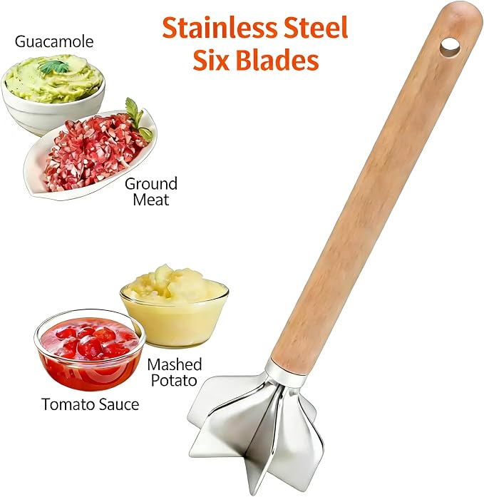 Meat Chopper - 6 Blades Stainless Steel Meat Masher, 11 Inch Ground Beef Masher, Premium Heat Resistant Smasher for Ground Beef, Hamburger Grinder, Potato Mix Tool, Meat & Poultry Tenderizers
