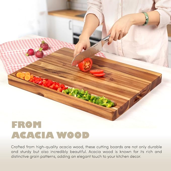 XL Acacia Wood Cutting Board (20x15x1.5in) and Wooden Butcher Block, Chopping Board-Reversible Multipurpose For Meat, Cheese Board, Vegetables, Bread with Juice Groove, Cracker Holder & Inner Handles