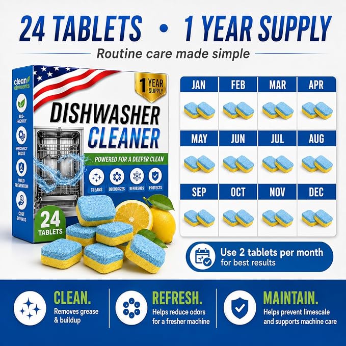Dishwasher Cleaner Deodorizer Tablets, 24 Pack Dishwasher Cleaning Tablets Descaler Pods for Limescale, Calcium & Hard Water Stains, Lemon Dishwasher Cleaner Pods for Odor, Grease & Machine Care