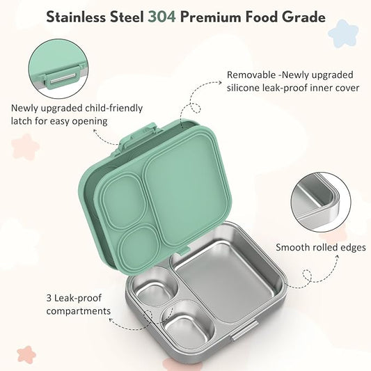 Stainless Steel Bento Box Kids, Leak Proof Metal Bento Lunch Box,3 Compartments 304 Stainless Steel Bento Lunch Containers for School and Office, BPA-Free(Green)