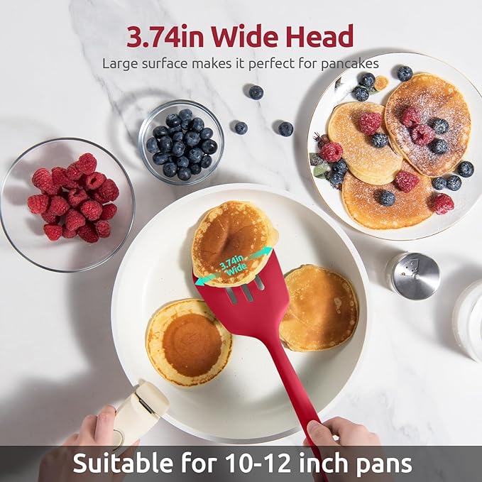 600ºF Heat Resistant Slotted Turner: U-Taste 13.6in Silicone Kitchen Spatula Flipper, 3.74in Wide Food Grade Flexible Thin Rubber Cooking Utensil for Egg, Pancake, Cookie in Nonstick Cookware (Red)