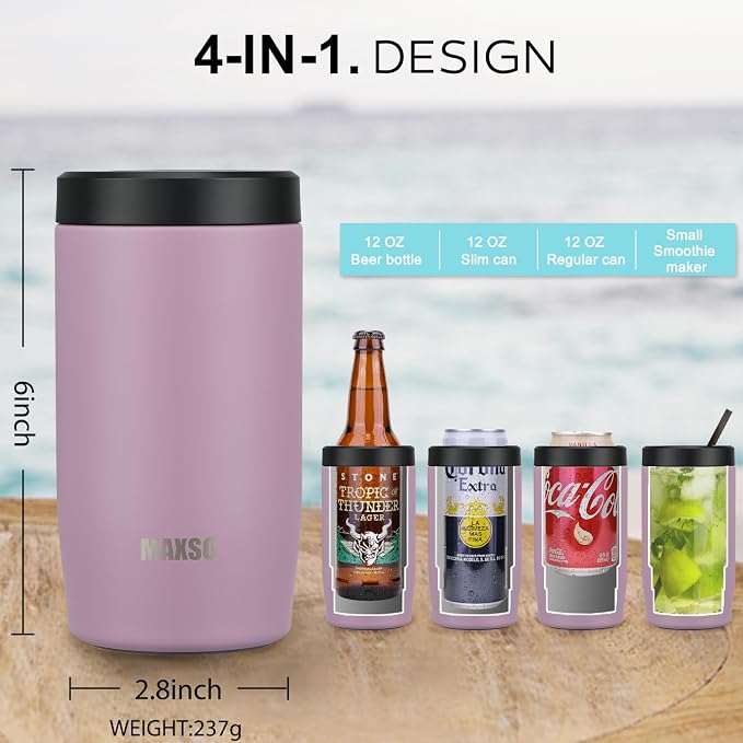 4-in-1 Slim Can Cooler Easy to Hold Insulated Beer Can Holder Double-walled Stainless Steel for All 12 Oz Cans (Purple)