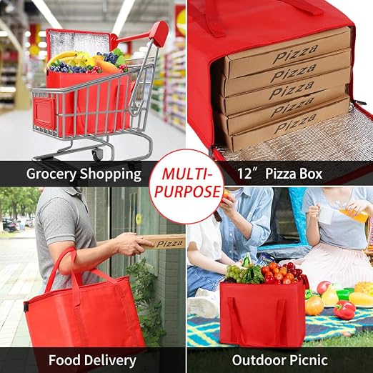 X-Large Insulated Reusable Grocery Shopping Bags, Black+Red, 2 Pack | With Zippered Top, Insulated Food Delivery Bag, Cooler Bag for Travel/Groceries, Frozen/Thermal Catering for Cold/Hot Food