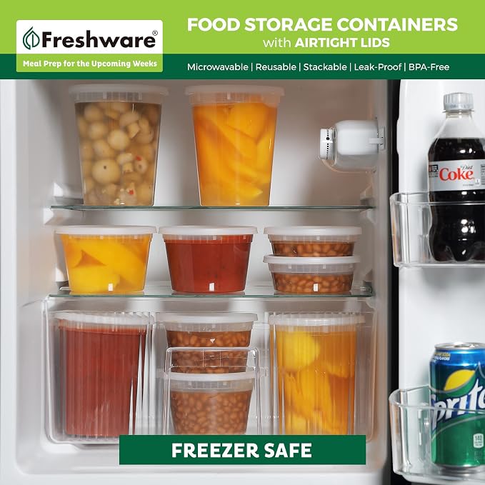 Freshware Food Storage Containers [24 Set] 32 oz Plastic Deli Containers with Lids, Slime, Soup, Meal Prep Containers, BPA Free, Stackable, Leakproof, Dishwasher and Freezer Safe, Translucent