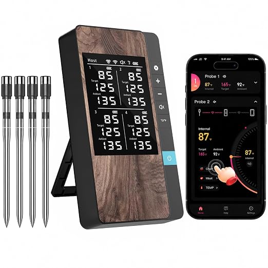 Wireless Meat Thermometer Digital, 4 Probes Bluetooth Thermometer | Smart App & Standalone Display Base, NIST ±0.5°F, Instant Read LCD, BBQ Smoker Grill Oven, Brisket Steak Turkey Pork