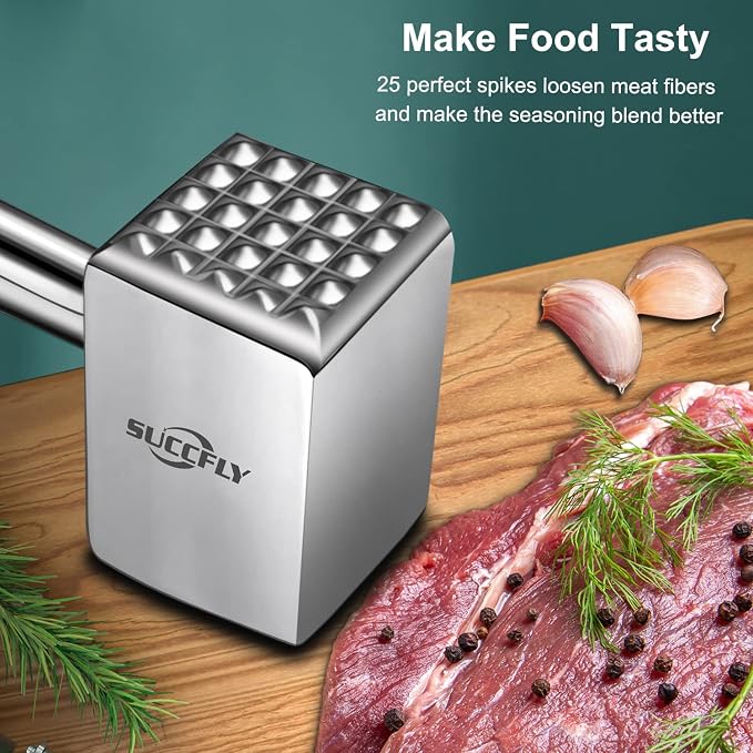 SUCCFLY Stainless Steel Meat Tenderizer Tool, Heavy Duty Meat Mallet 1.65LB | Dual-Sided Weighted Meat Pounder Hammer with Extended handle, Effortless Tenderizing Chicken Steak Poultry, Dishwasher Safe