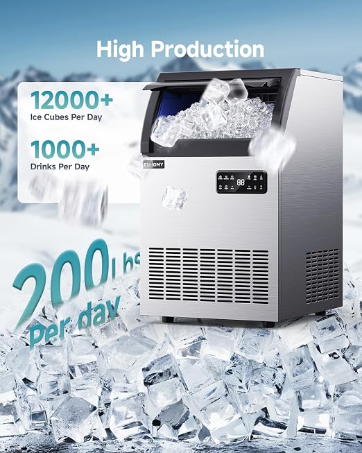 EUHOMY Commercial Ice Maker,200lbs/24H,Stainless Steel Under Counter Ice Machine with Water Filter,33lbs Storage Capacity, 84 Cubes in 8-12 Mins, Freestanding Ice Machine for Home/Bar/Cafe/Restaurant