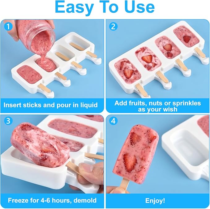 8 Set Small Silicone Popsicle Molds Ice Cream Mould, 4 Cavity Oval Cake Pop Mold with 400 Wooden Sticks for DIY Frozen Treats, White