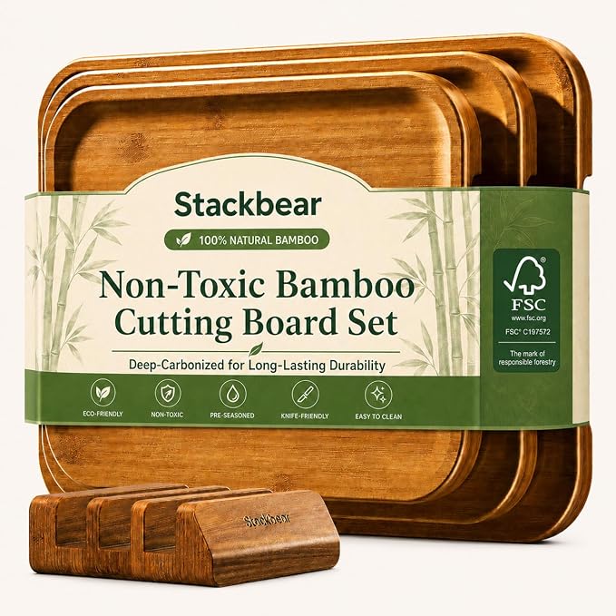 Bamboo Cutting Board Set of 3 with Stand, Non-toxic | Deep-Carbonized FSC-Certified Bamboo | 3 Large Sizes, Reversible prep & Serving Sides, Sloped Groove & Corner Sauce Well