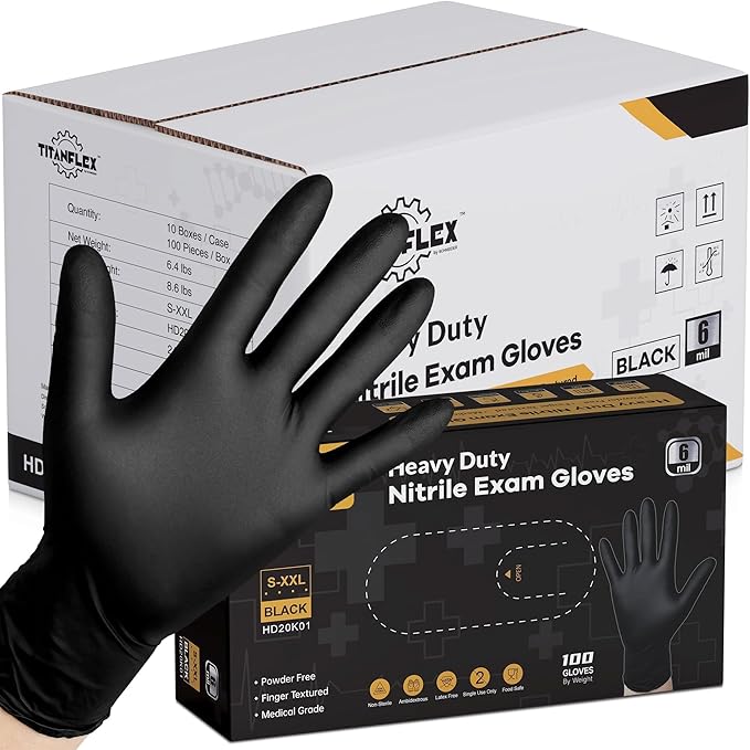 TitanFlex Disposable Nitrile Exam Gloves - 6-mil, Black, Heavy Duty, Latex Free, Food Safe for Cooking