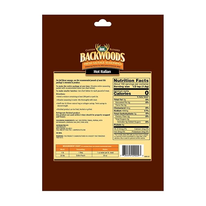 LEM Products Backwoods Hot Italian Fresh Sausage Seasoning, 8.3 oz Packet | Pre-Measured Seasoning for Wild Game and Domestic Meat, Seasons Up to 25 Pounds of Meat for Homemade Patties and Sausages