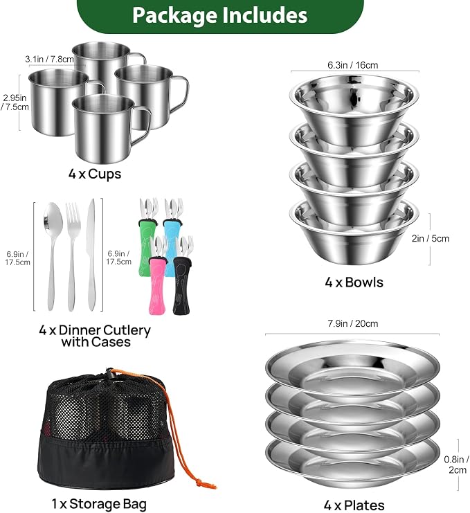 Odoland 29pcs Stainless Steel Utensils Camping Mess Kits for 4 Person | with Bowls Plates Cups Forks Spoons and Knives, Camping Cutlery Set for Backpacking, Family, Outdoor Hiking and Picnic