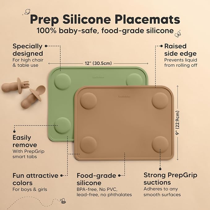 KeaBabies 2pk Silicone Placemats for Toddlers, Kids, Baby, 12x9 (Desert, S) | Non Slip Suction Silicone Placemat for Restaurants, Dining Table,Travel, Easy to Clean, Food Grade/BPA-Free, Small Table Mat