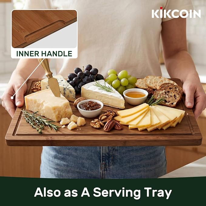 Kikcoin 17”×11” Deep-Carbonized Bamboo Cutting Boards for Kitchen, Healthy Wooden Cutting Boards for Kitchen, Charcuterie, Vegetables, Extra Large Chopping Boards with Deep Juice Groove and Handle