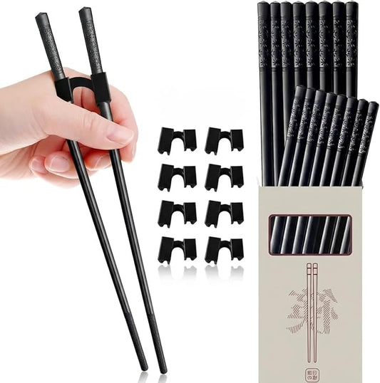Fiberglass Training Chopsticks Set of 8 Pairs, Chop Sticks Reusable Dishwasher Safe with Chopsticks Helper for Beginners Kids&Adults, Non-Slip Durable Black Chopsticks for Sushi/Noodles/Daily Use