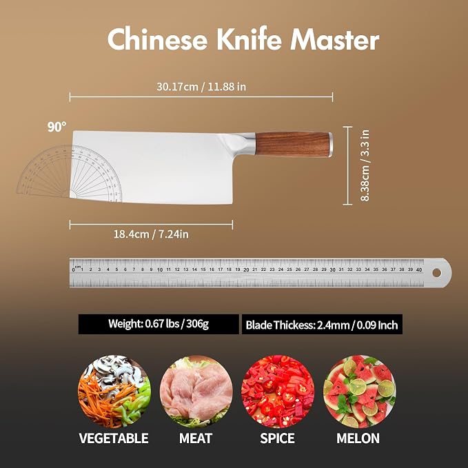 SHI BA ZI ZUO 7 Inches Stainless Steel Meat and Vegetable Cleaver Knife with Ergonomic and Sturdy Wooden Handle