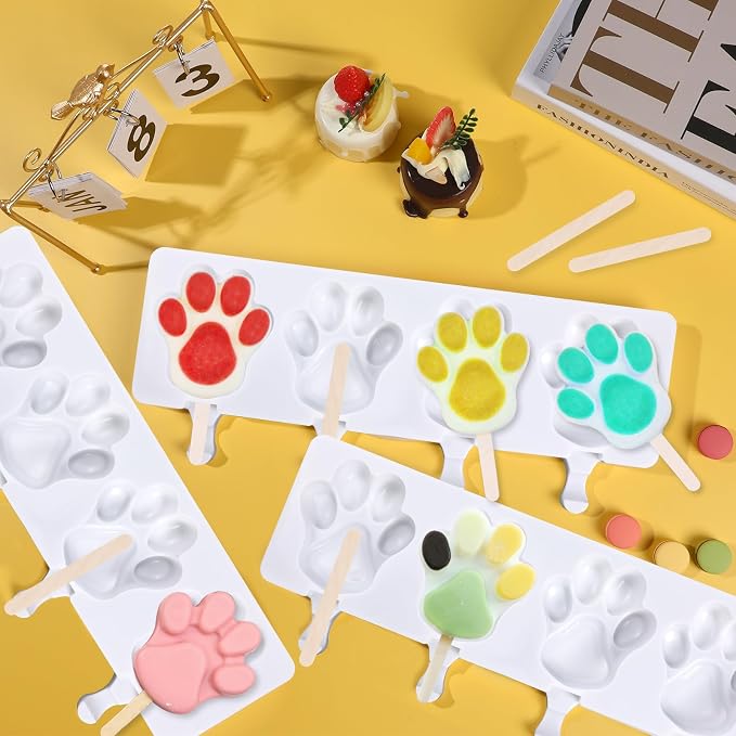 3 PCS Bear Paw Popsicle Molds - 4 Cavity Silicone Ice Cream Molds with 150 Wooden Sticks, Homemade Ice Pop Maker, Cakesicles