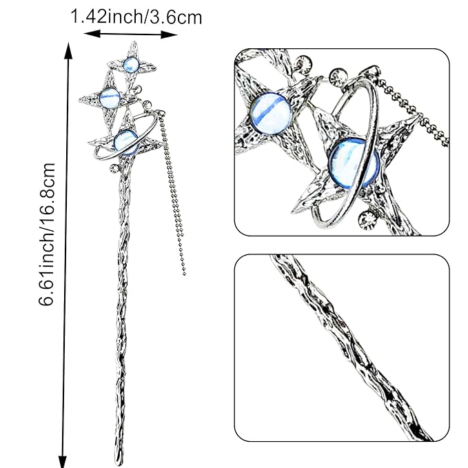 5PCS Star Moon Hair Sticks for Buns Long Hair Chinese Hanfu Asian Vintage Hair Chopsticks Metal Silver Hair Bun Updo Holders Long Hairpins for Women Girls