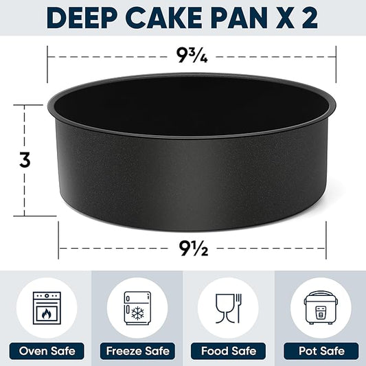 E-far 9½ x 3 Inch Cake Pan Set of 2, Nonstick Stainless Steel Round Cake Pans Tin for Baking Birthday Wedding Layer Cakes, Stainless Steel Core & Non-toxic Coating, Deep & Straight Side