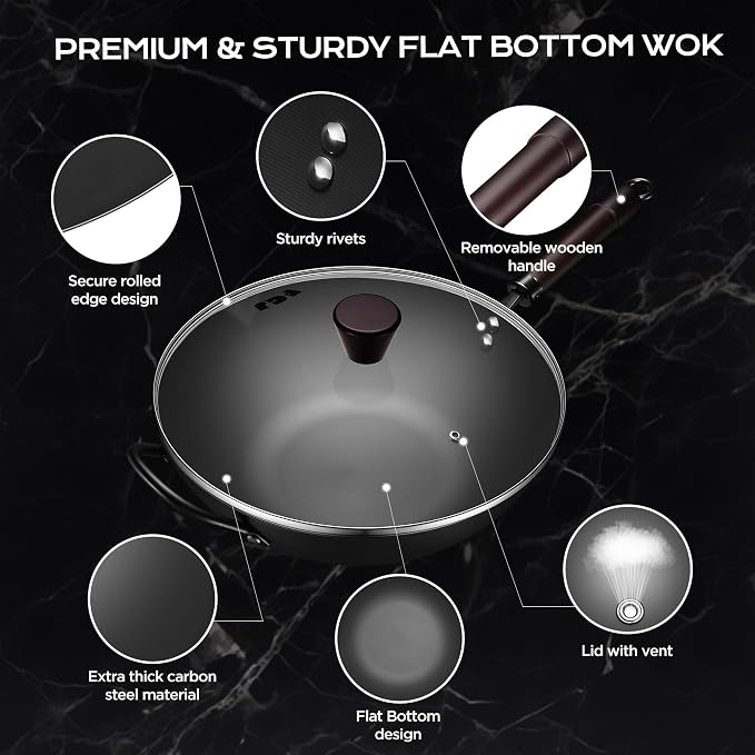 FGJ Wok, 13 Inch Carbon Steel Wok Pan Set 6PCS & Stir-fry Pans Nonstick, Pre-Seasoned 5.8QT Flat Bottom Chinese Woks Roasting Pan Set, Carbon Steel Cookware, Compatible with All Cooktops