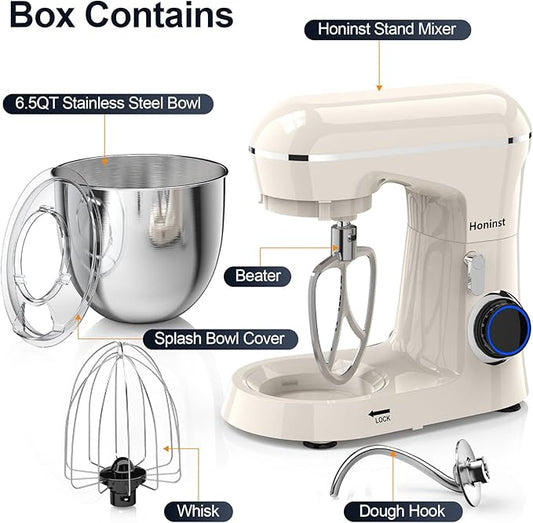 Stand Mixer, 6.5QT 10-Speed Tilt-Head Electric Stand Mixer, 3-In-1 Kitchen Mixer with Bowl, Dough Hook, Whisk and Beater, Food Mixer for Baking, Cake and Most Home Cooks, Beige