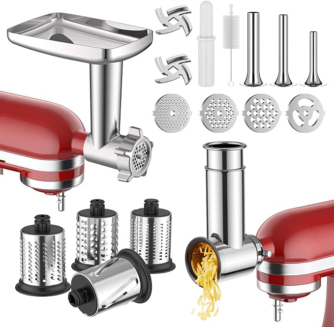Meat Grinder & Stainless Steel Slicer Shredder Attachment for KitchenAid | Includes Metal Food Grinder Attachment with Sausage Stuffer Tubes and Salad Machine Accessory by InnoMoon