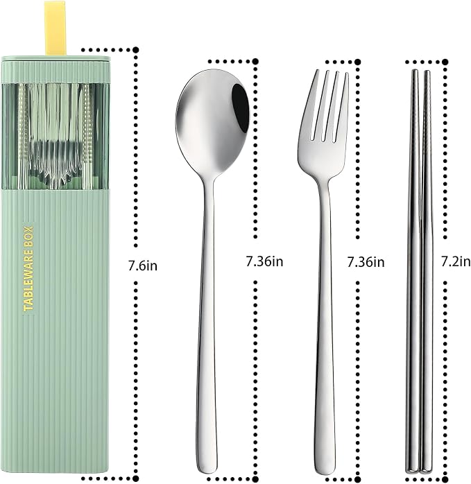 DEVICO Travel Utensils with Case, 4Pcs Korean Chopsticks Fork and Spoon Set | 18/8 Stainless Steel Portable Cutlery Set, Reusable Silverware for Lunch Box/Camping/Work/School, Dishwasher Safe, Green
