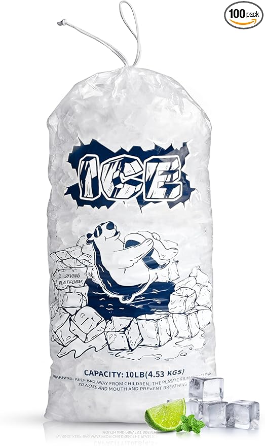 Ice Bags 10 lb with Drawstring,100 Pack Plastic Ice Bags for Ice Storage