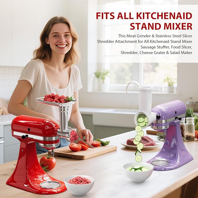 Meat Grinder & Cheese Grater Attachment for KitchenAid Stand Mixer | 21Pcs, 4 Grinding Plates, Metal Sausage Stuffer Tubes, 4 Slicer Shredder Attachment, Kitchen Aid Accessories and Attachments