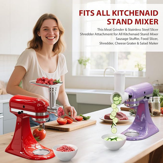 Meat Grinder & Cheese Grater Attachment for KitchenAid Stand Mixer | 21Pcs, 4 Grinding Plates, Metal Sausage Stuffer Tubes, 4 Slicer Shredder Attachment, Kitchen Aid Accessories and Attachments