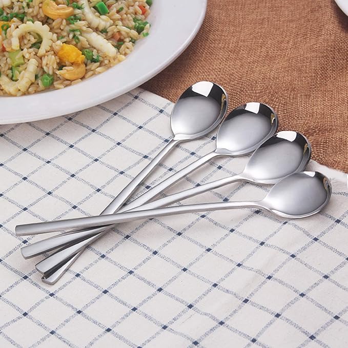 IQCWOOD Spoons, 8 Pieces Korean Spoon, 8.5 Inch Stainless Steel Table Soup Spoons with Long Handles for Home, Kitchen, or Restaurant Flatware Set