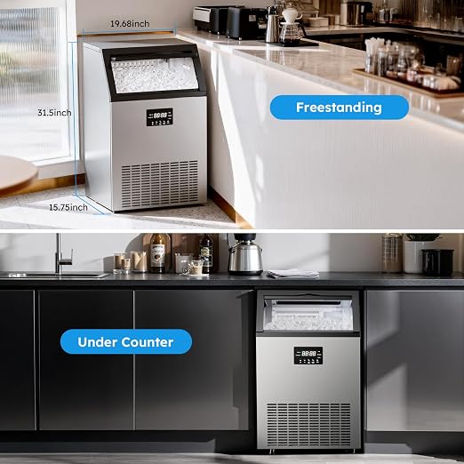 Commercial Ice Maker Machine - 200 Lbs/24H, Commercial Ice Machine with 50 LBS Storage Bin, Under Counter or Freestanding Ice Maker, 55 Ice Cubes in 5-15 min, Thicknesses Adjustable, Stainless Steel