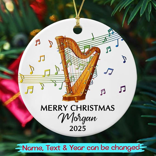 Customized Year Text Name Harp Player Christmas Ornament, Unique Harp Instrument Ornaments Gift for Women Men Harpist Appreciation Birthday, Personalized Harp Musical Ceramic Christmas Ornament 2025