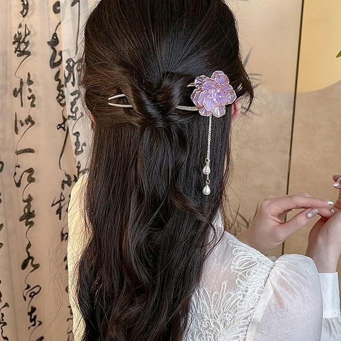 Vintage Pearl Chinese Hair Sticks, Pink and Gold Flower Design, Metal Hair Pins with Tassel, Traditional Oriental Style Hair Chopsticks for Women, 2 Pack