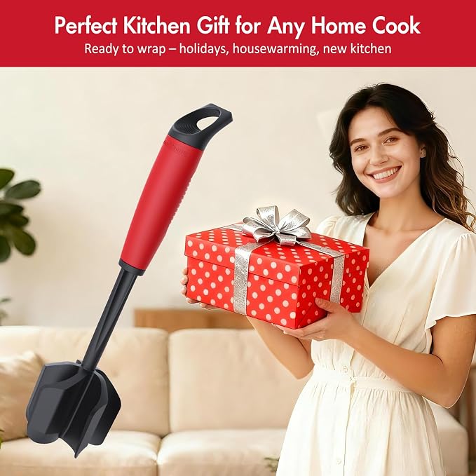Ourokhome Meat Chopper and Potato Masher, Heat Resistant Nylon Ground Beef Smasher for Hamburger, 5 Curved Blades Nonstick Safe Mixer & Stirrer, Practical Kitchen Gadgets, Black Red
