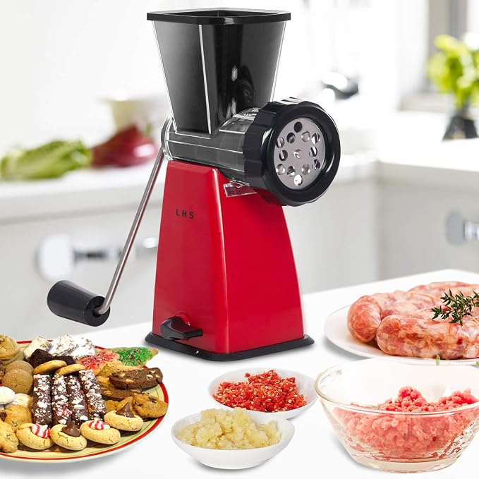 Manual Meat Grinder with Stainless Steel Blades Heavy Duty Powerful Suction Base for Home Use Fast and Effortless for All Meats-Red