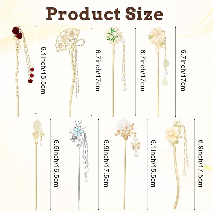 8 Pcs Flowers Metal Hair Sticks with Pendants Chinese Hanfu Asian Hair Chopsticks Hair Bun Updo Holders for Women Accessories Long Hair