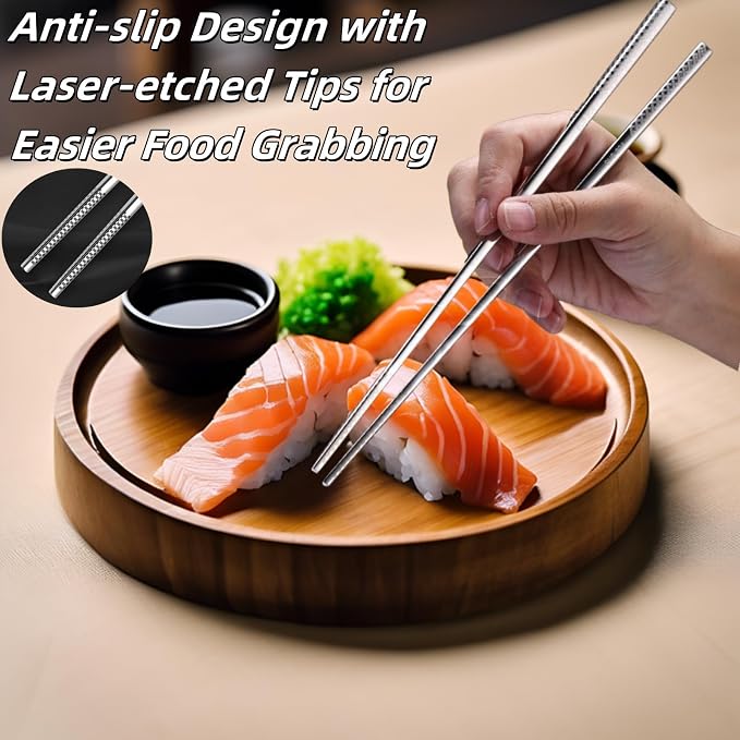 5 Pair Metal Chopsticks Reusable 18/8 Stainless Steel Chopsticks Set Non-slip Chinese Chopstick for Cooking Eating Dishwasher Safe 9.25" Chop Sticks Gift Set