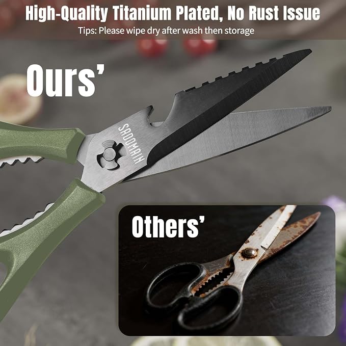 Kitchen Scissors All Purpose, Extra Sharp Kitchen Shears with Knife Sharpener & Sheath, Solid & Durable Stainless Steel Scissors with ANTI-RUST Black Titanium Plated, Dishwasher Safe – Green