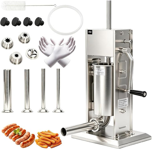 CTJ Sausage Stuffers Stainless Steel Sausage & Churro Maker 3L/7Lb,Silver | Manual 2 in 1 Sausage Stuffer & Churro Maker, 2-Speed Adjustable Vertical Sausage Maker, 4 Stuffing Tubes & Churros Nozzle