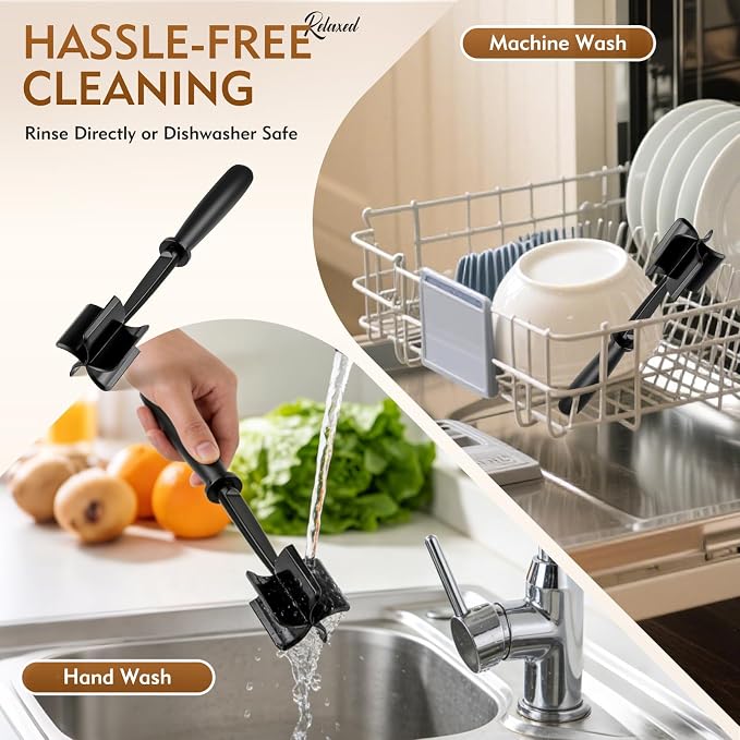 Meat Masher, Ground Beef Masher with 5 Curve Blades & Non-Slip Handle | Upgrade Heat Resistant Hamburger Smasher Tool for Hamburger & Potatoes, Non Stick Mix Ground Meat Chopper(Black)