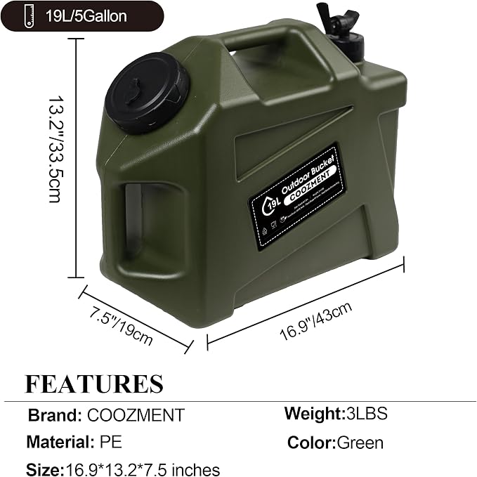 COOZMENT 3.2 Gallon/5 Gallon Water Containers with Spigot, BPA Free Water Jug, Military Green Water Tank, Multifunction Water Storage Containers for Camping Outdoor Hiking,Emergency Storage