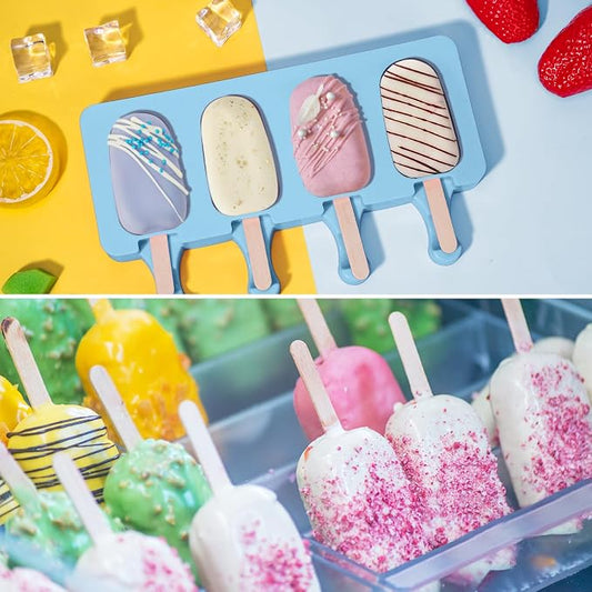 Ozera 2 Pack Silicone Popsicles Molds, Cake Pop Molds, Blue | Popsicles Molds Maker, with 50 Wooden Sticks & Bags, 4 Cavities Oval, Easy to Release