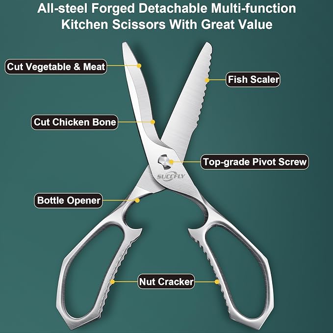 SUCCFLY Heavy Duty Kitchen Shears for Food, Titanium Plated Silver 8.8 Inch | Premium Kitchen Scissors, Ultra Sharp Detachable Blade, Ergonomic Steel Handle Meat Scissors, Poultry Shears Cooking Scissor